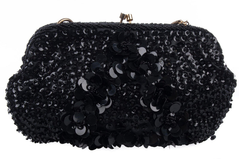 Vintage Black Sequin Evening Bag/Purse with Gold Chain - Ava & Iva