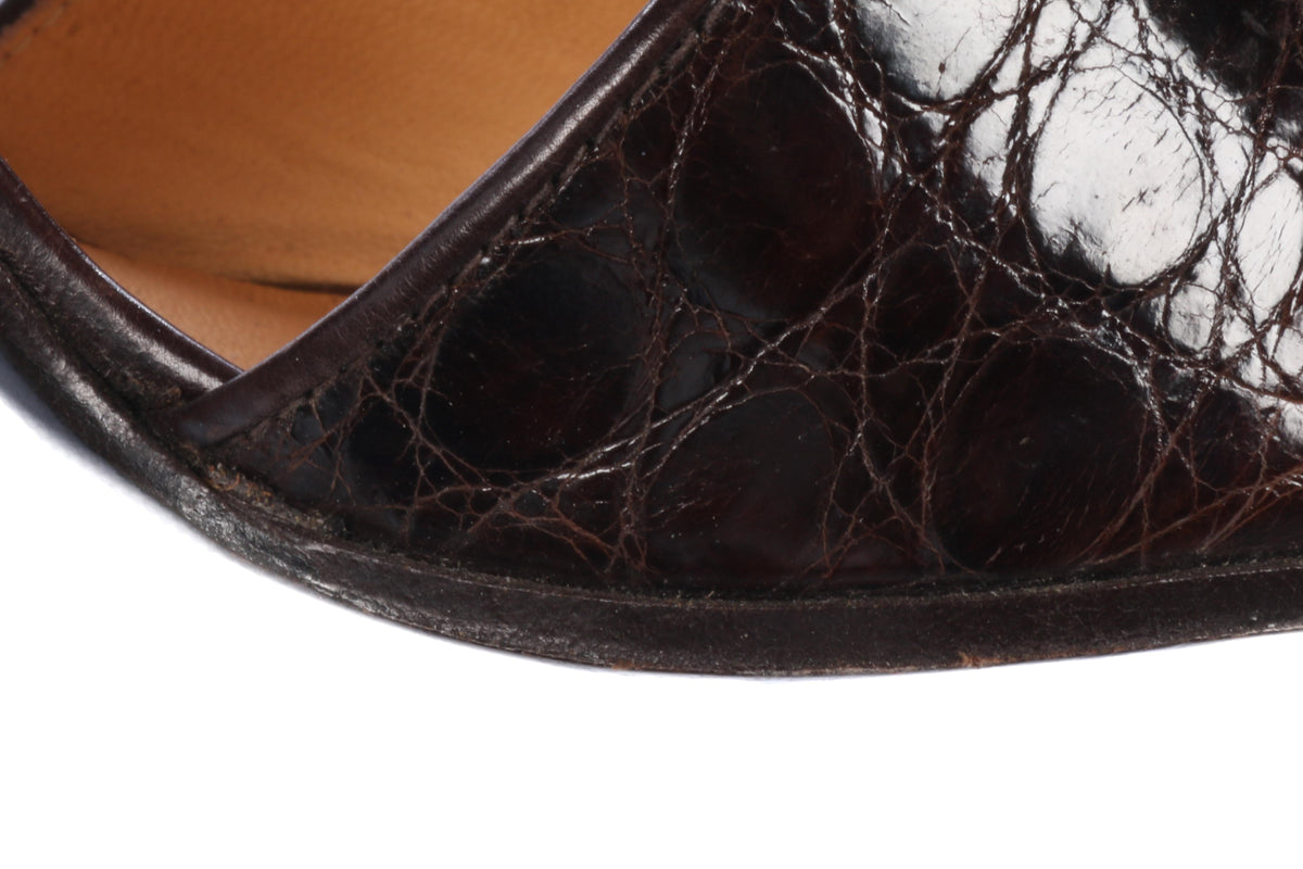 Celine Moc Croc Leather Sandals Brown with Gold Chain Detail Size 37 1/2 - Ava & Iva