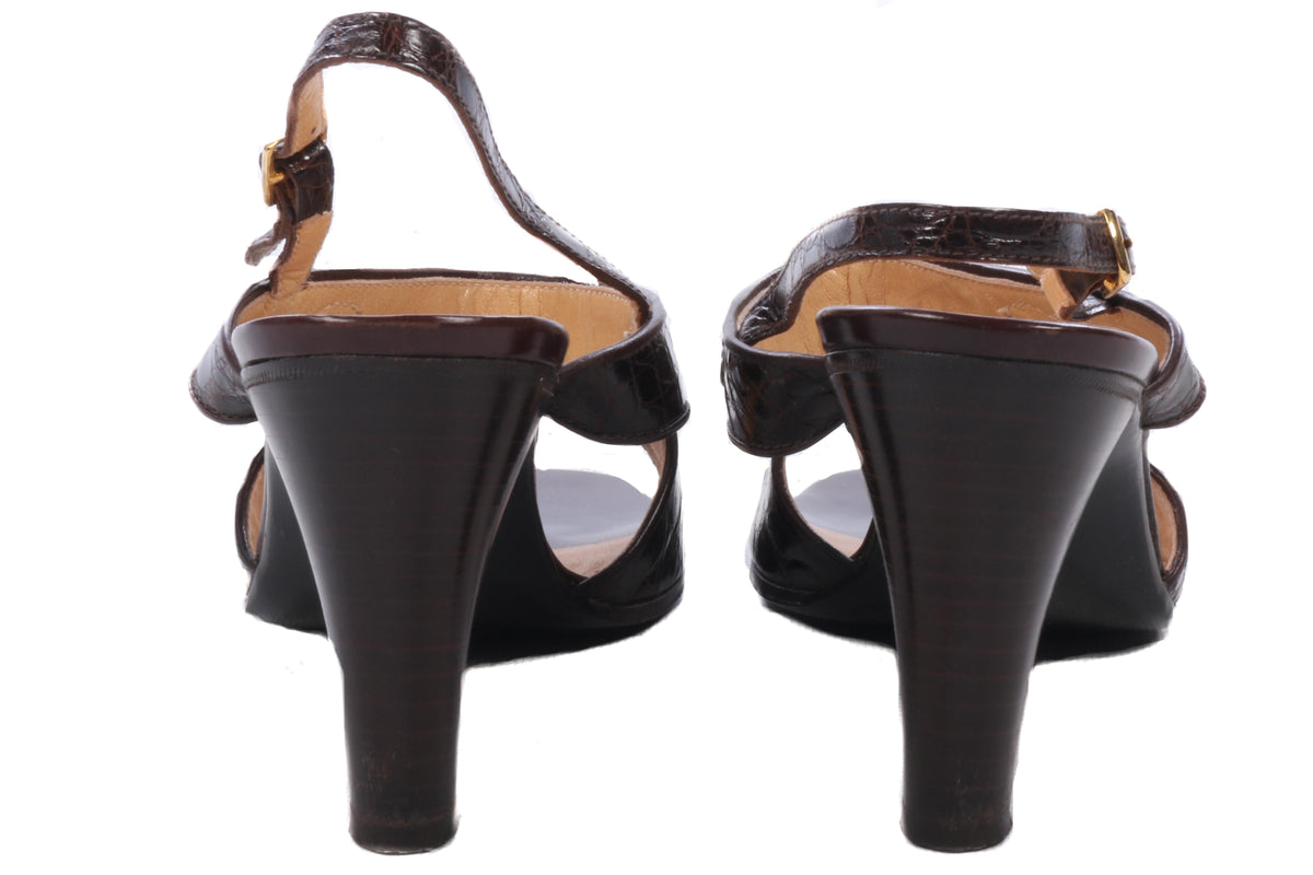 Celine Moc Croc Leather Sandals Brown with Gold Chain Detail Size 37 1/2 - Ava & Iva