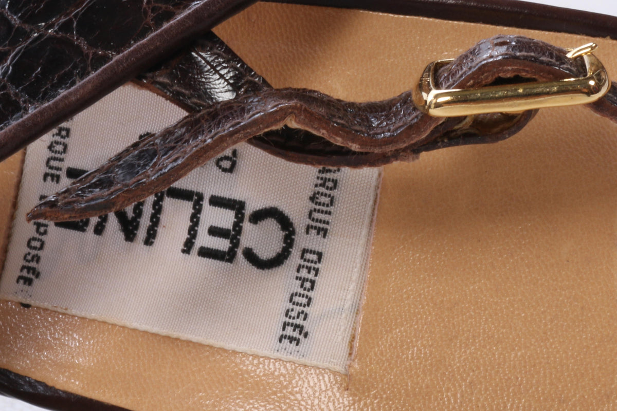 Celine Moc Croc Leather Sandals Brown with Gold Chain Detail Size 37 1/2 - Ava & Iva