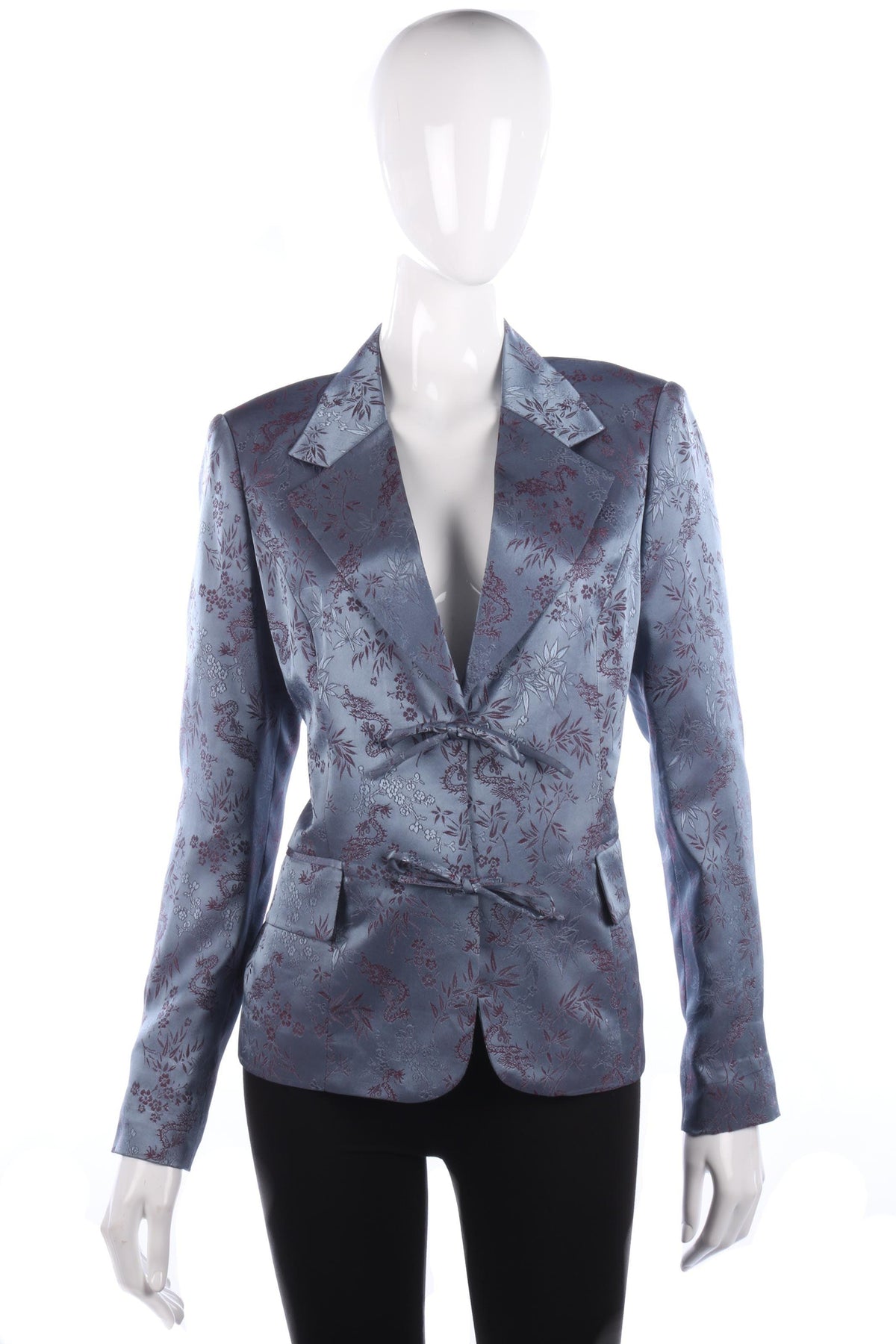 Chinese Style Satin Look Evening Jacket Dragn and Bamboo Pattern Grey Size 14 - Ava & Iva