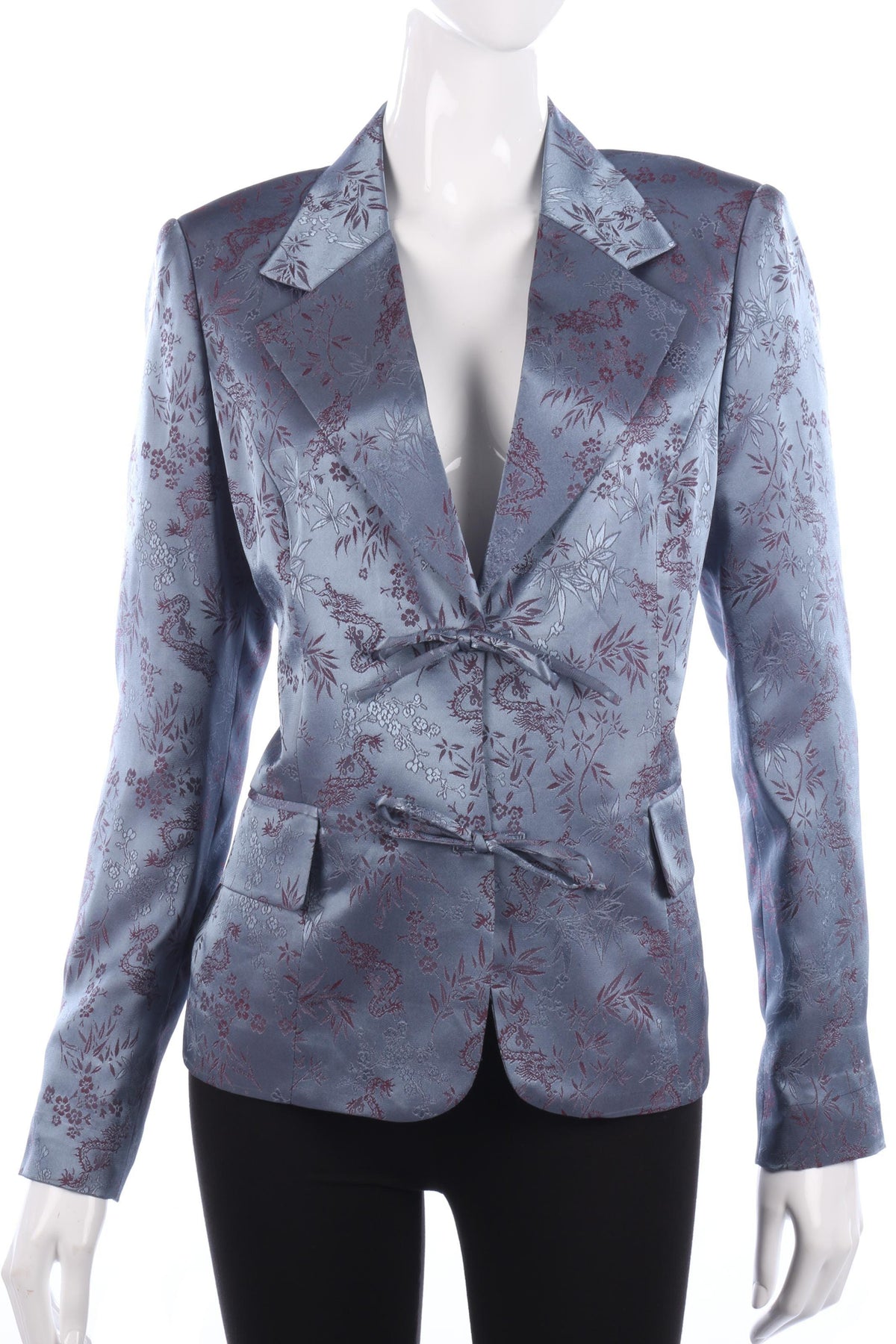 Chinese Style Satin Look Evening Jacket Dragn and Bamboo Pattern Grey Size 14 - Ava & Iva