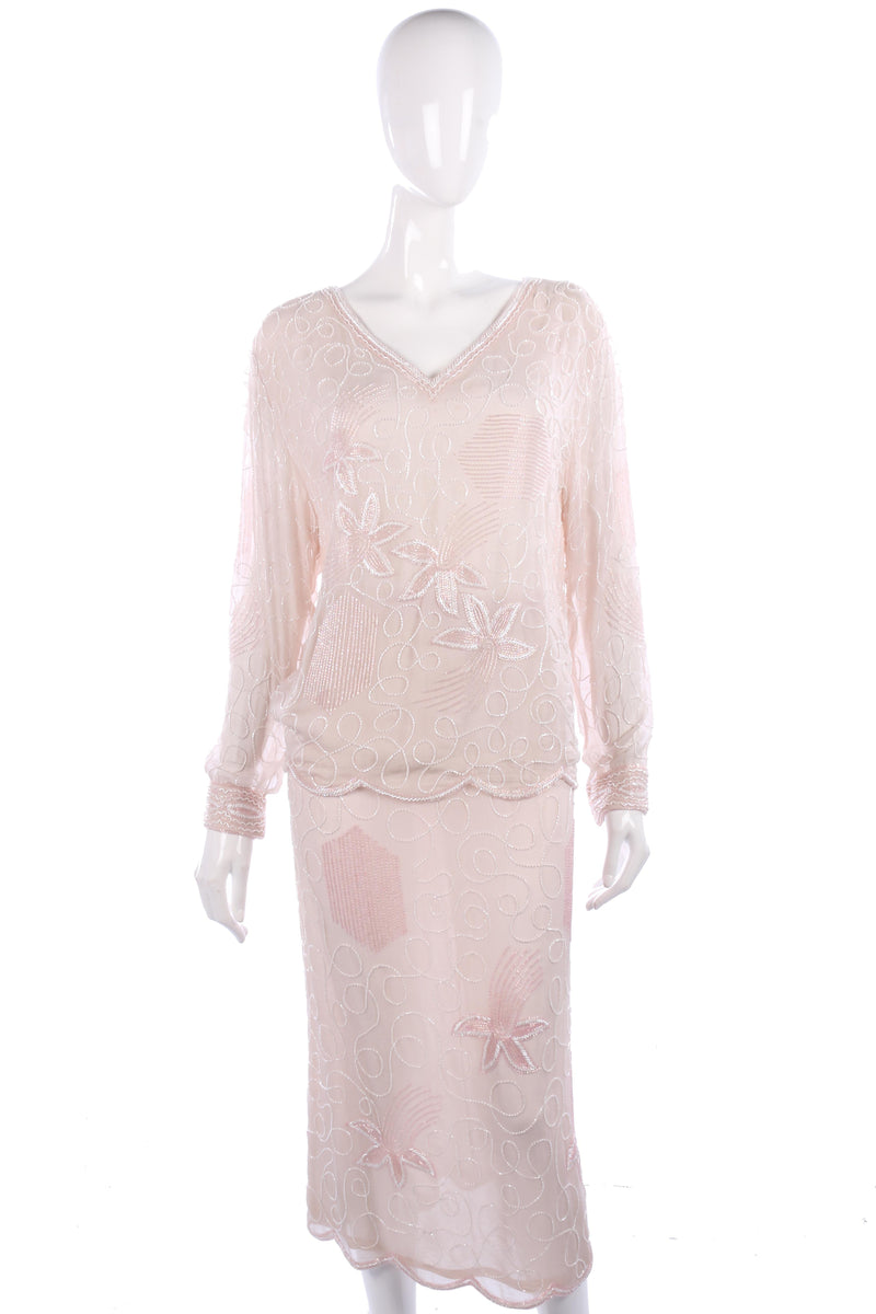 Silk chiffon pink beaded skirt and top size M/L - Ava & Iva