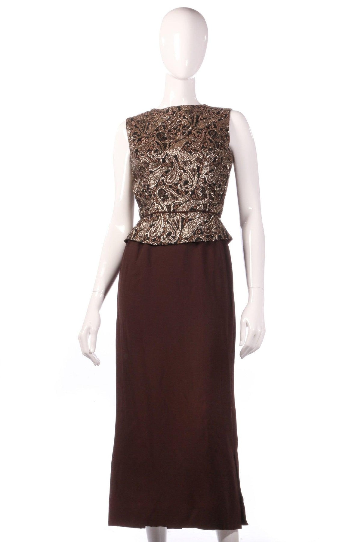 Brown dress with gold patterned peplum