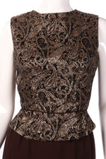 Brown dress with gold patterned peplum detail