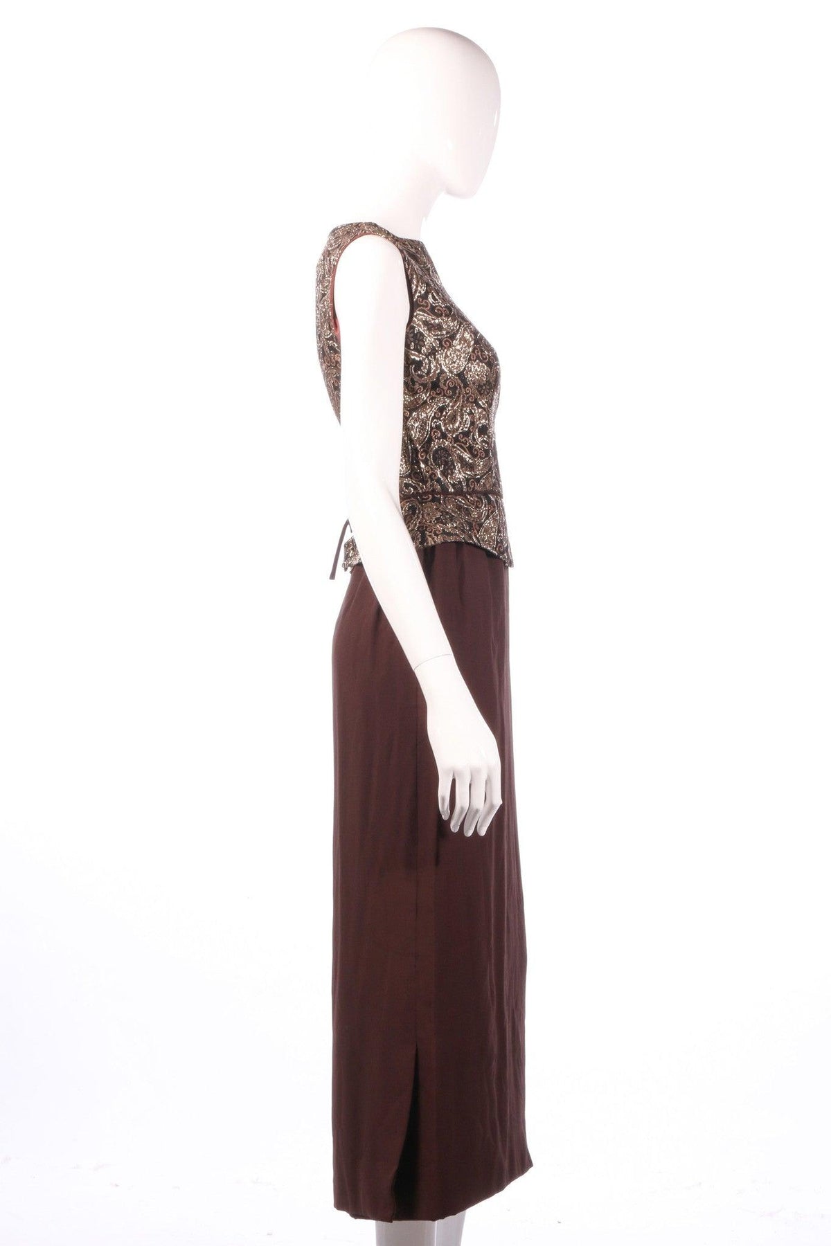 Brown dress with gold patterned peplum side