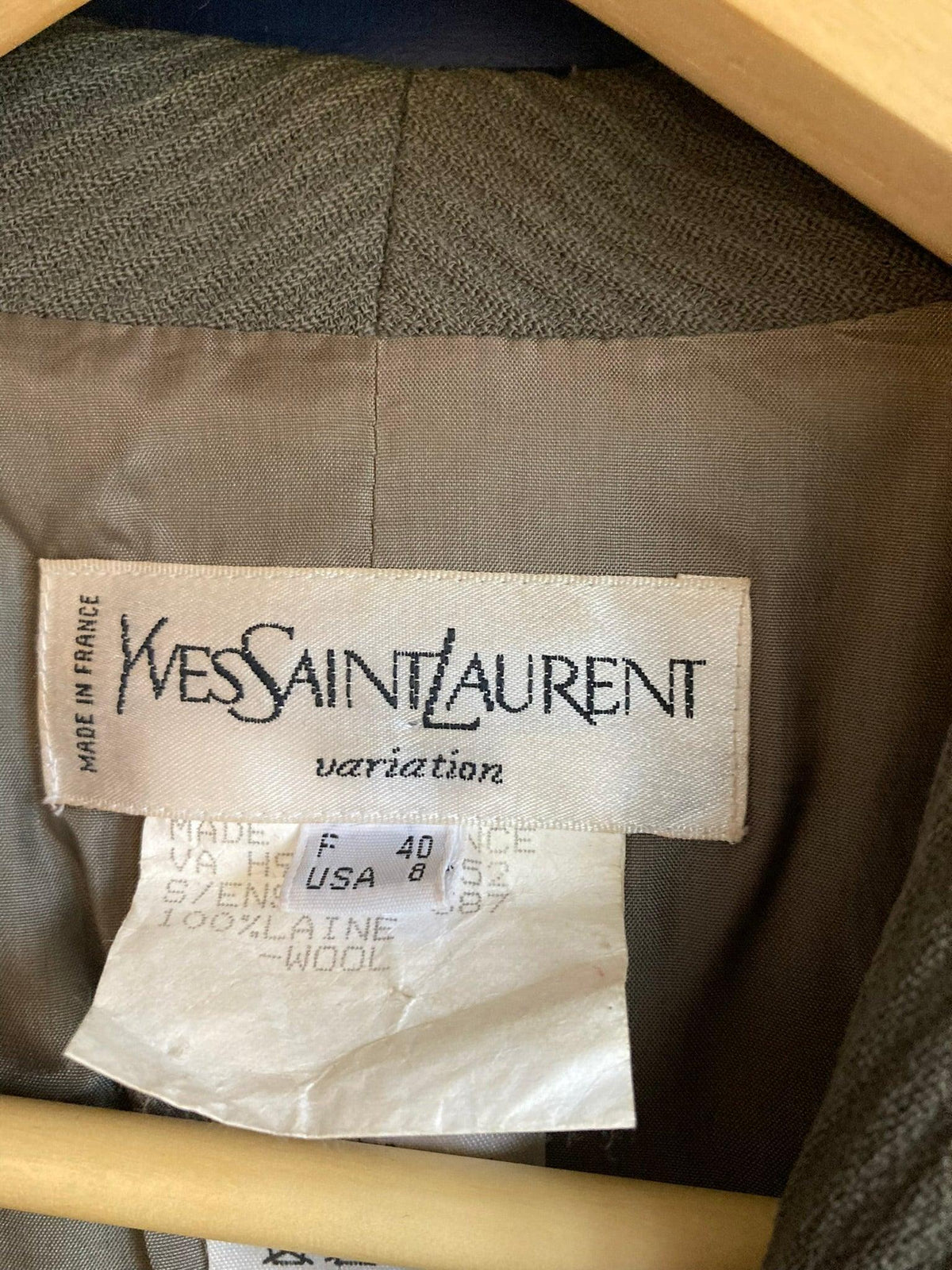 Yves Saint Laurent Wool Khaki Green Long Sleeved Jacket UK Size 12 - Ava & Iva