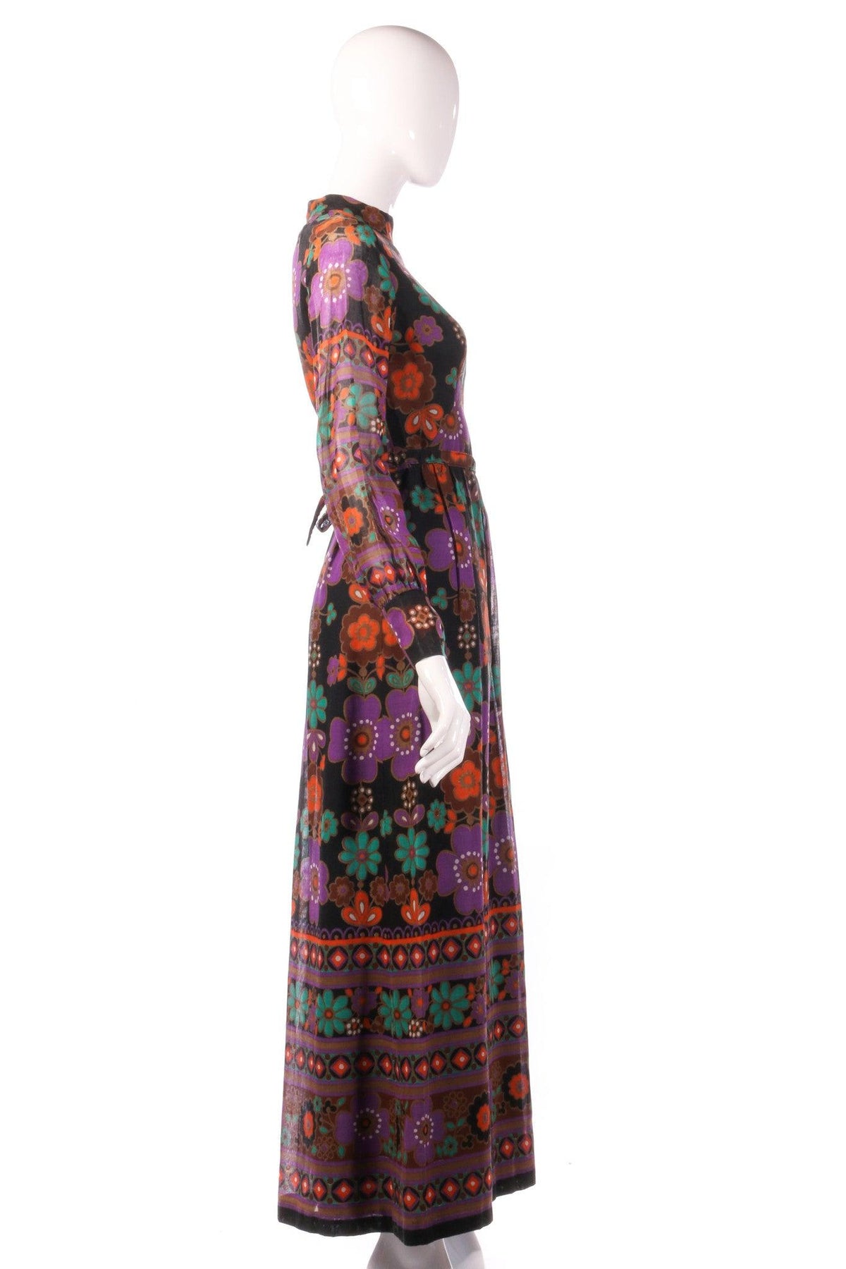 Full length purple and orange floral dress side