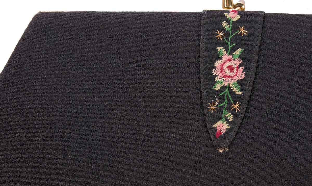 Vintage Golden Age Evening Purse Black with Flower Embroidery Detail - Ava & Iva