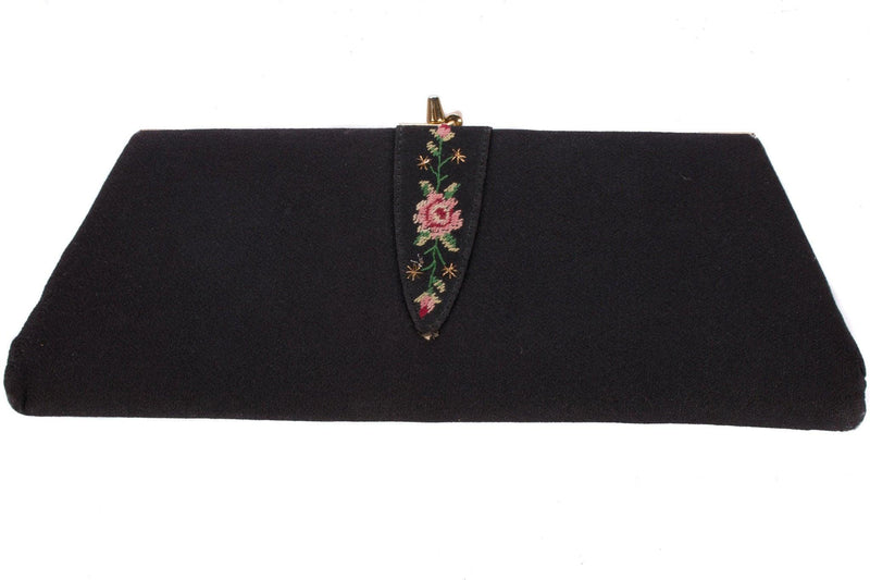 Vintage Golden Age Evening Purse Black with Flower Embroidery Detail - Ava & Iva