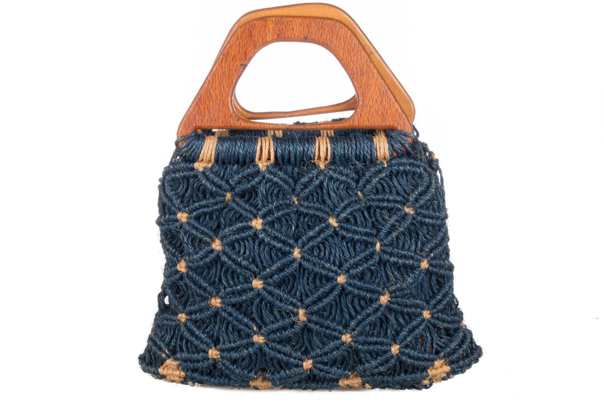 Vintage Wooden Handled Woven Handbag Blue and Cream - Ava & Iva