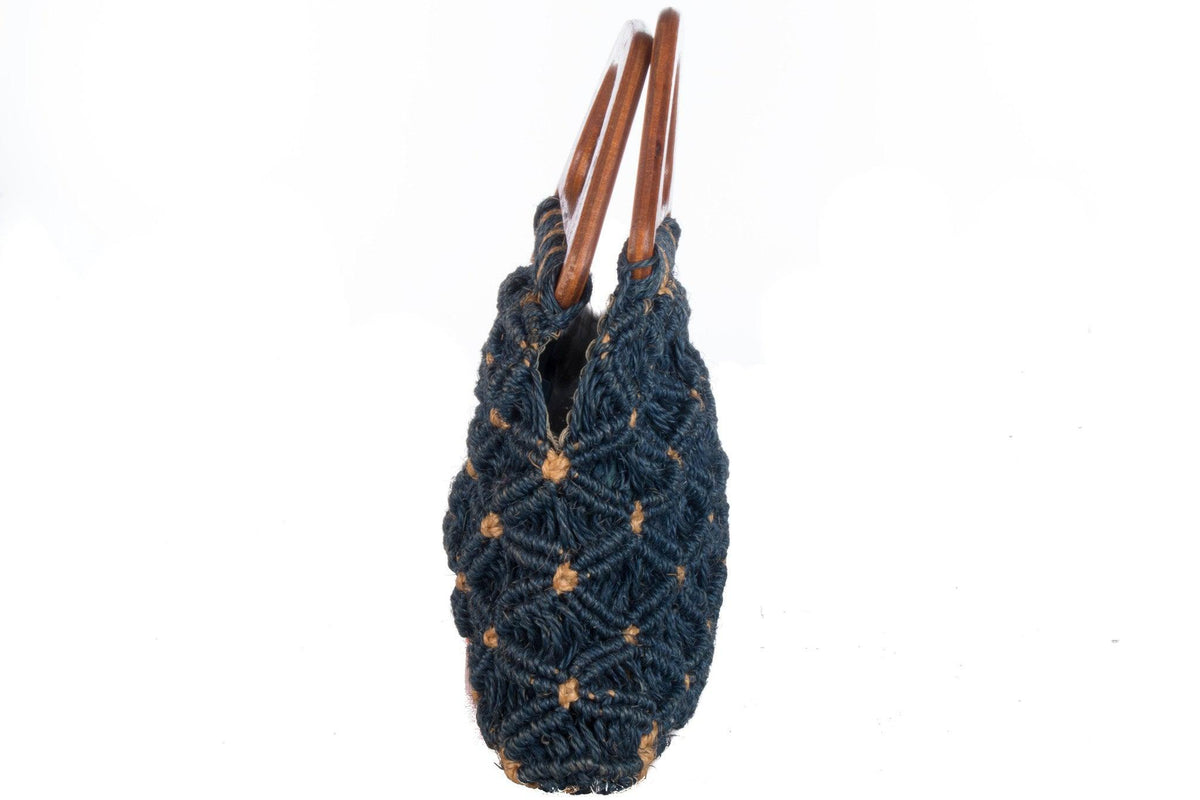 Vintage Wooden Handled Woven Handbag Blue and Cream - Ava & Iva