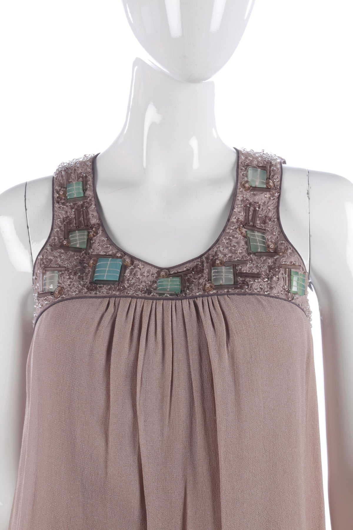 Designer silk taupe dress with beaded neckline by Blank London, size S - Ava & Iva