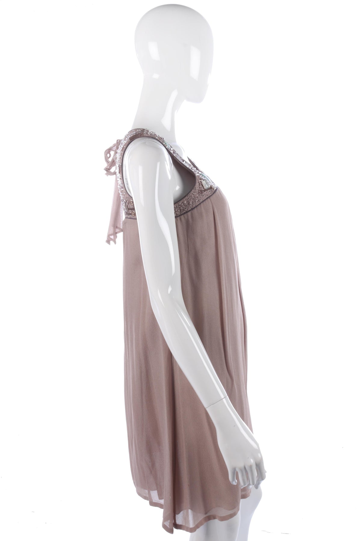 Designer silk taupe dress with beaded neckline by Blank London, size S - Ava & Iva