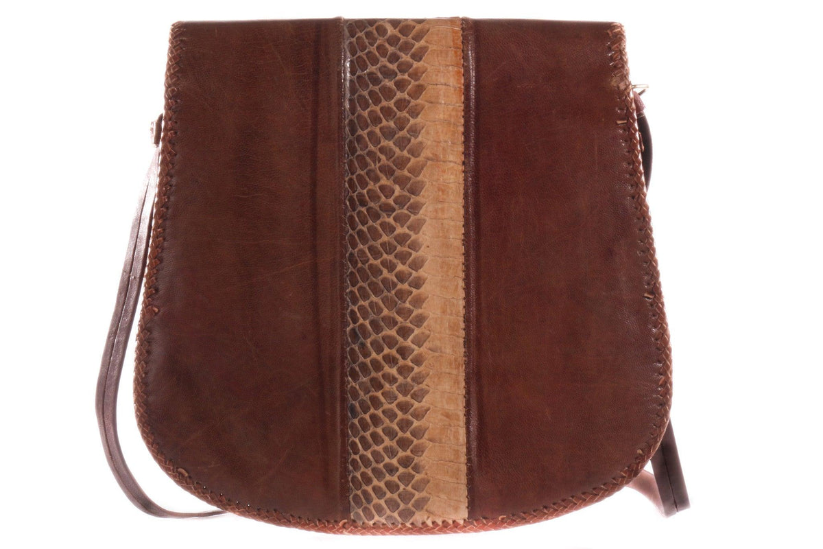 Brown leather handbag with tassel front  back