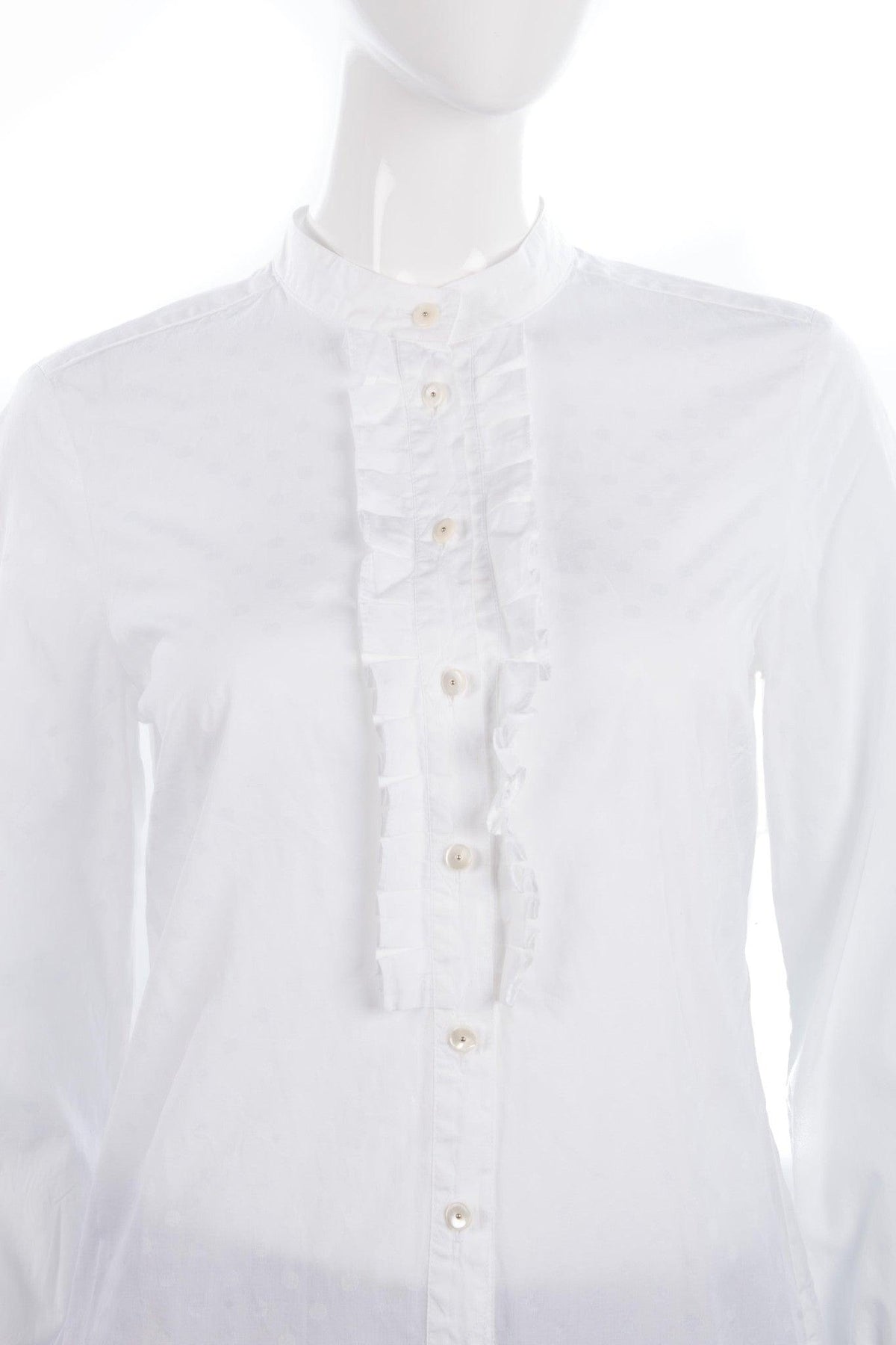 Jaeger Shirt White Cotton with Ruffle Detail Size 10 - Ava & Iva
