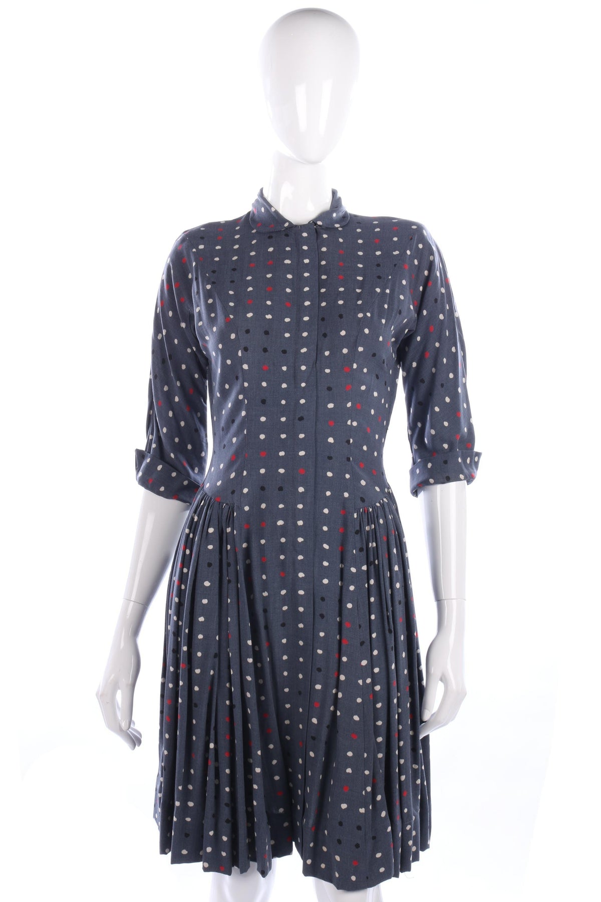 1950s Vintage Day Dress Cotton Blue and White Spots Size S - Ava & Iva