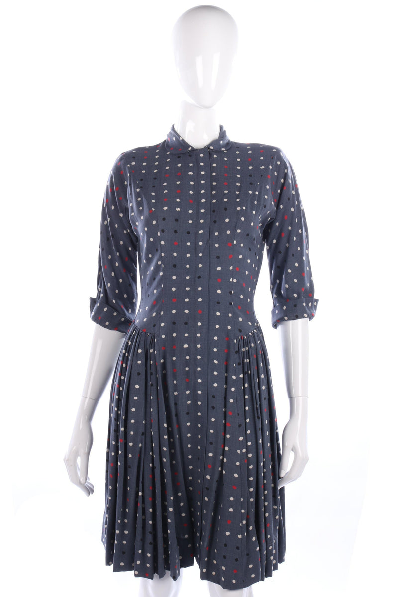 1950s Vintage Day Dress Cotton  Blue and White Spots Size S - Ava & Iva