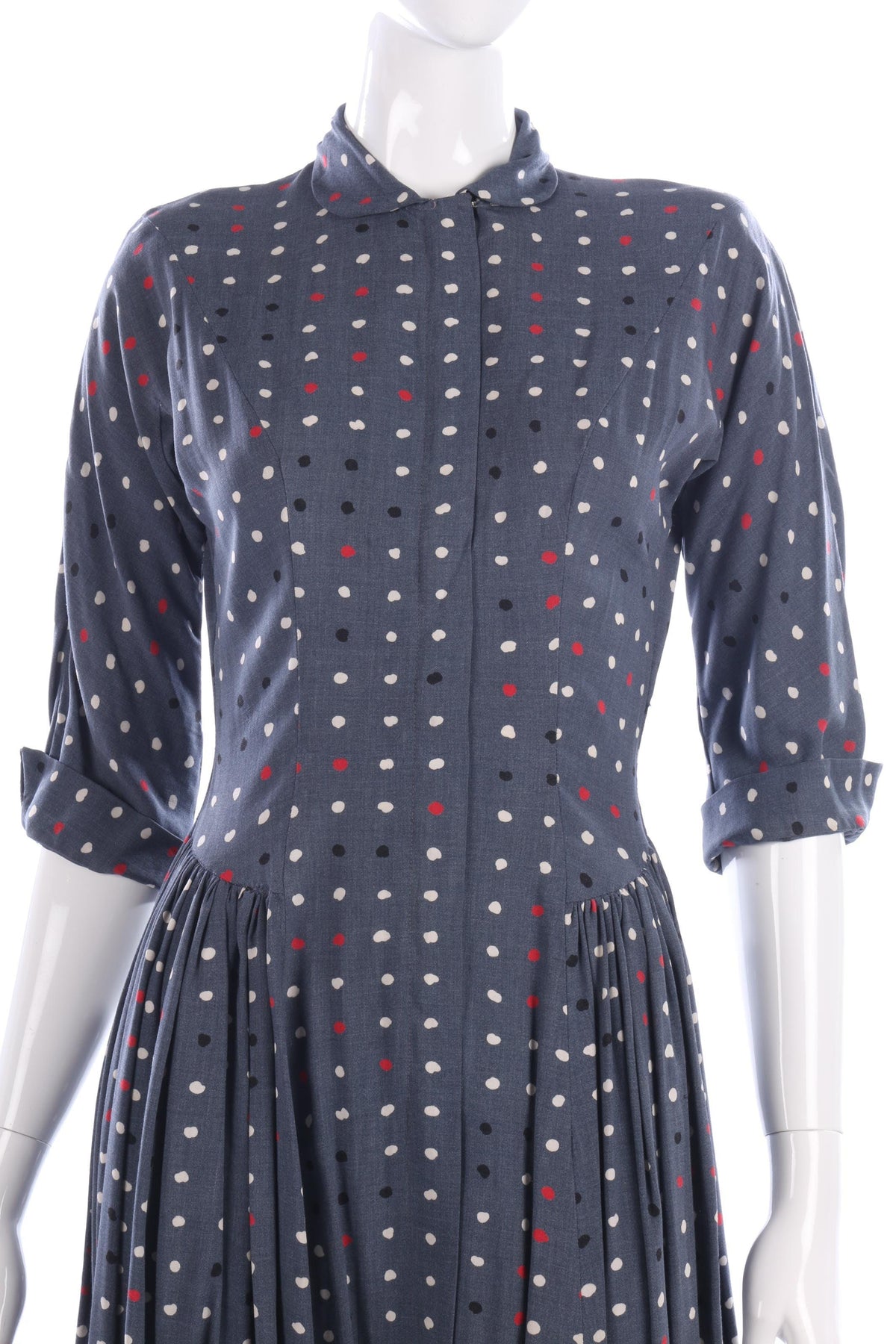 1950s Vintage Day Dress Cotton  Blue and White Spots Size S - Ava & Iva
