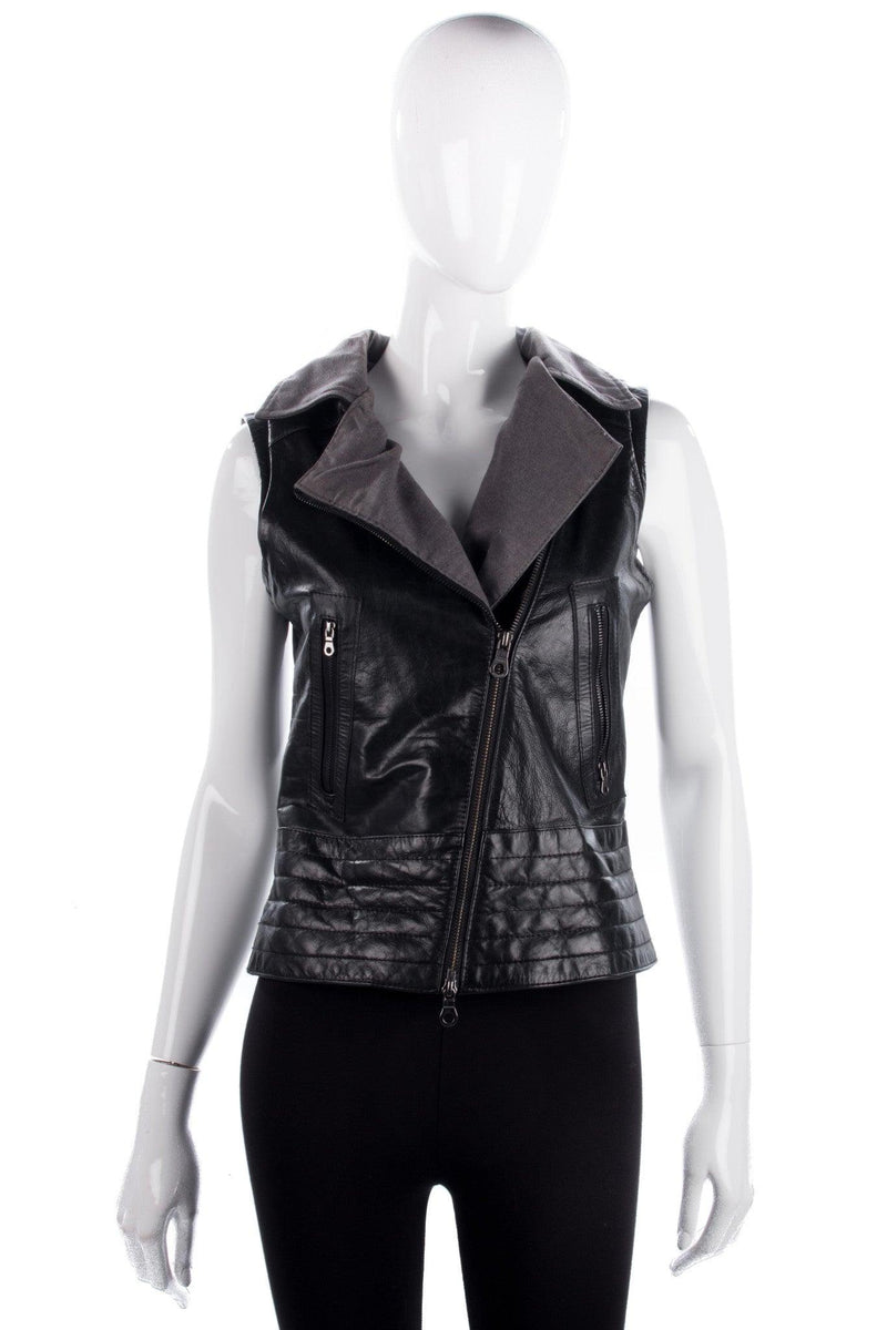 Leather Biker Style Waistcoat Lined Diagonal Zipper Black Size 8/10 - Ava & Iva