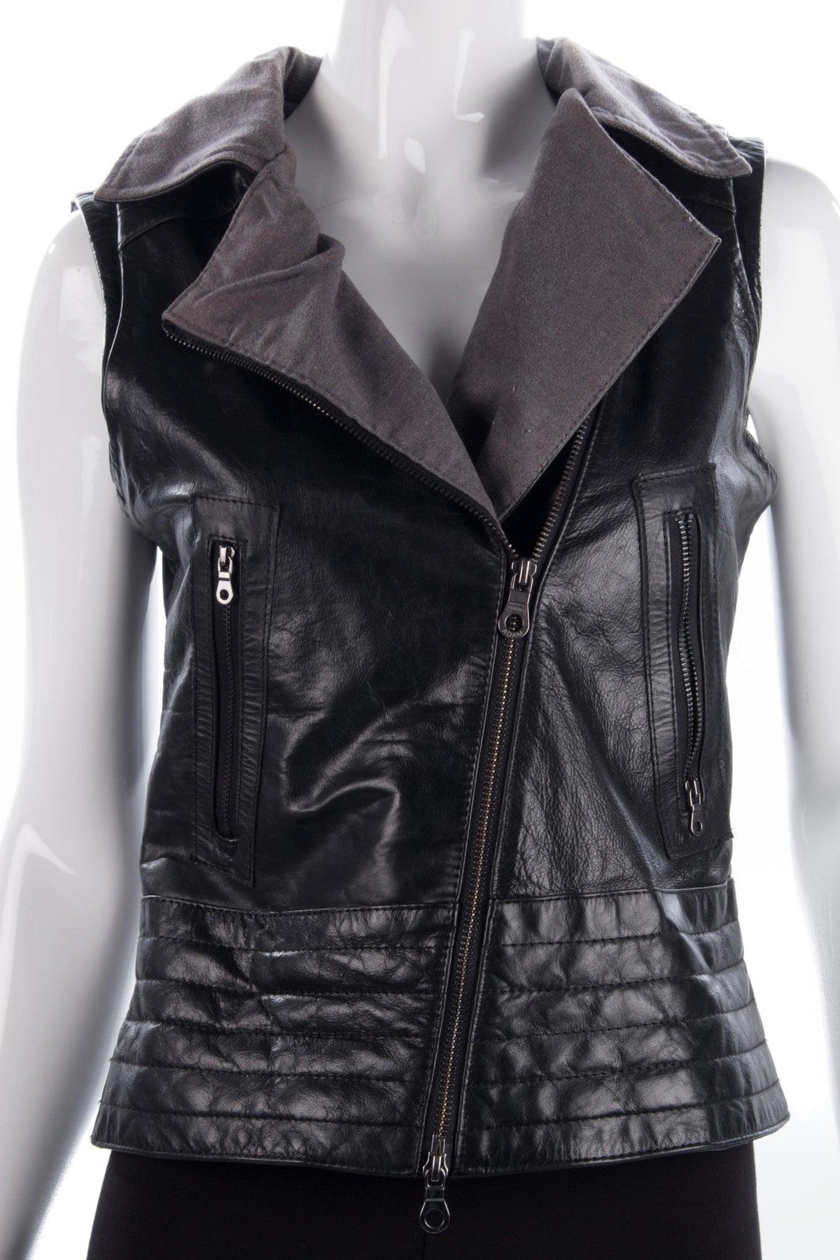 Leather Biker Style Waistcoat Lined Diagonal Zipper Black Size 8/10 - Ava & Iva