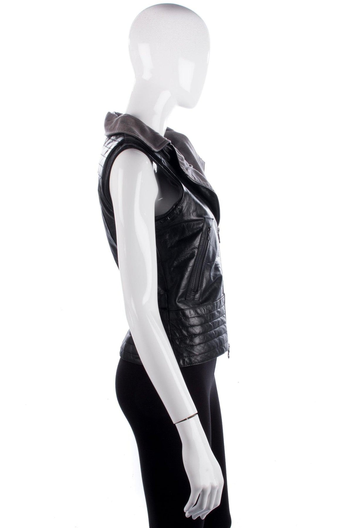 Leather Biker Style Waistcoat Lined Diagonal Zipper Black Size 8/10 - Ava & Iva