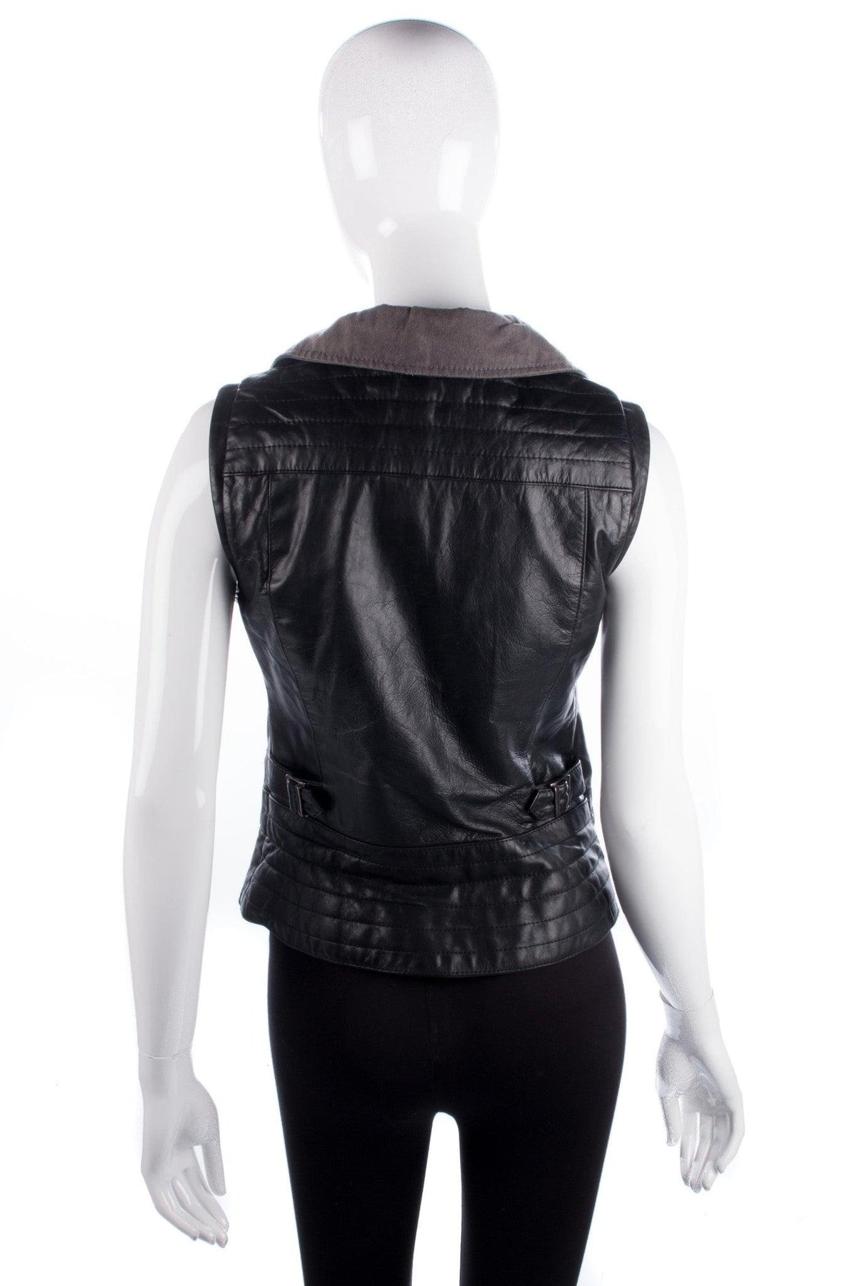 Leather Biker Style Waistcoat Lined Diagonal Zipper Black Size 8/10 - Ava & Iva