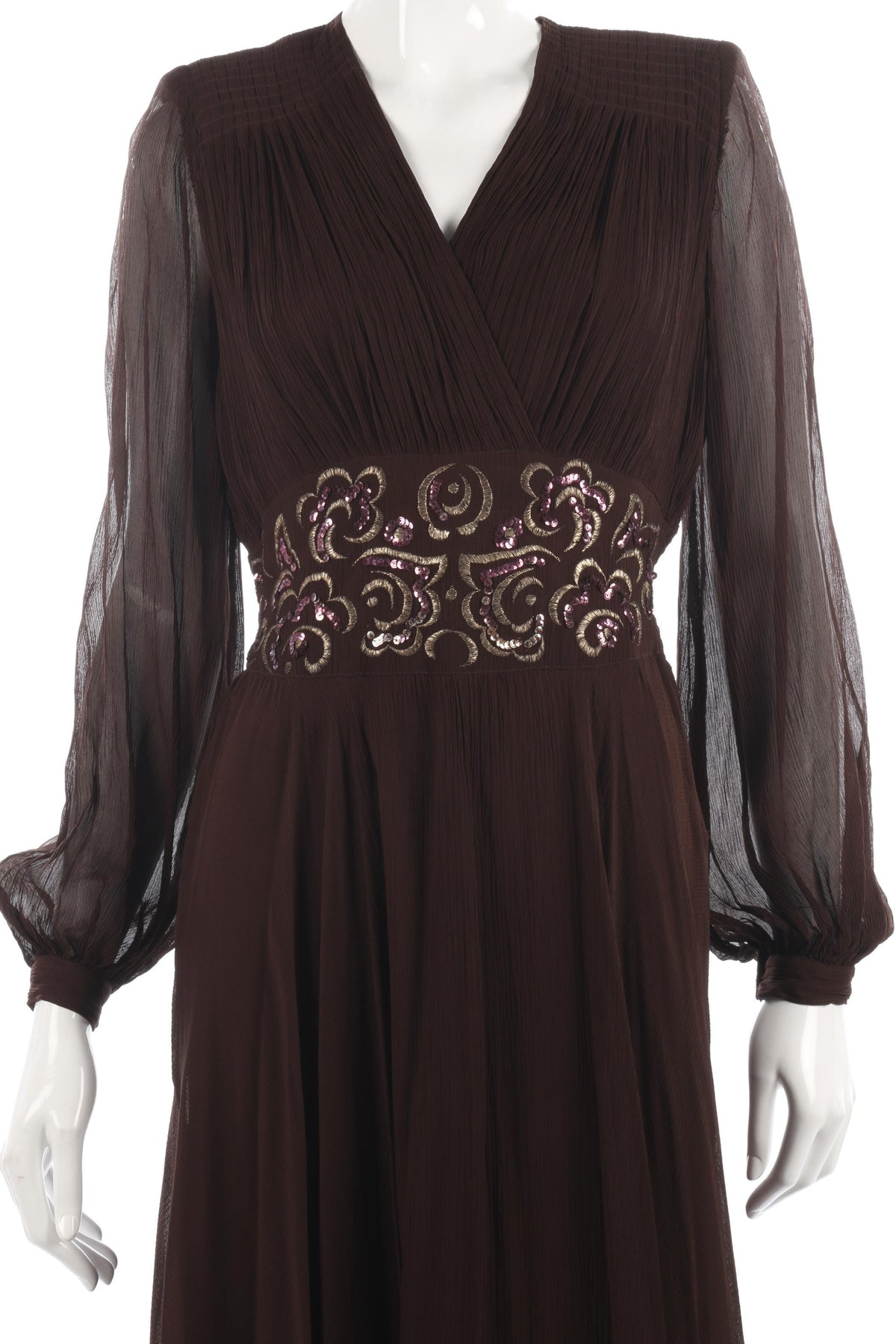Fabulous silk chiffon brown vintage dress with sequin waist size S - Ava & Iva
