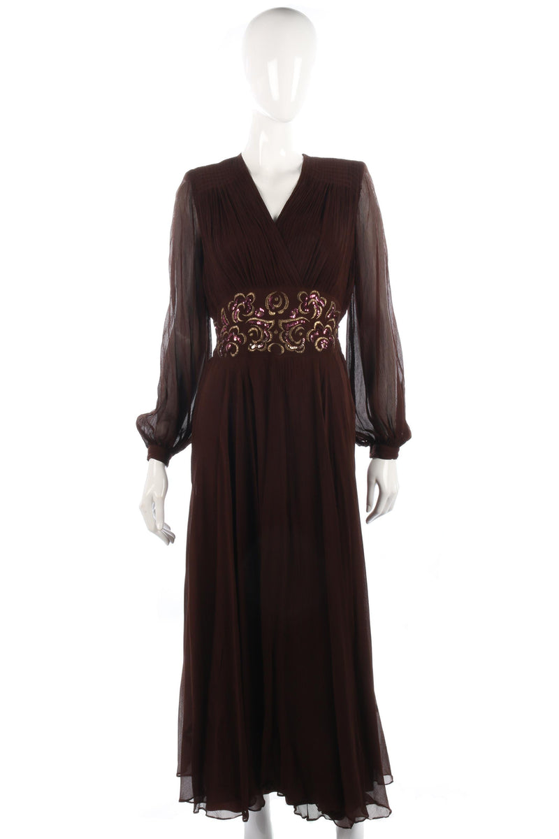 Fabulous silk chiffon brown vintage dress with sequin waist size S - Ava & Iva