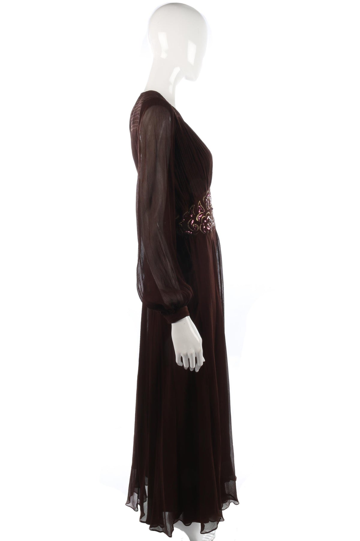 Fabulous silk chiffon brown vintage dress with sequin waist size S - Ava & Iva