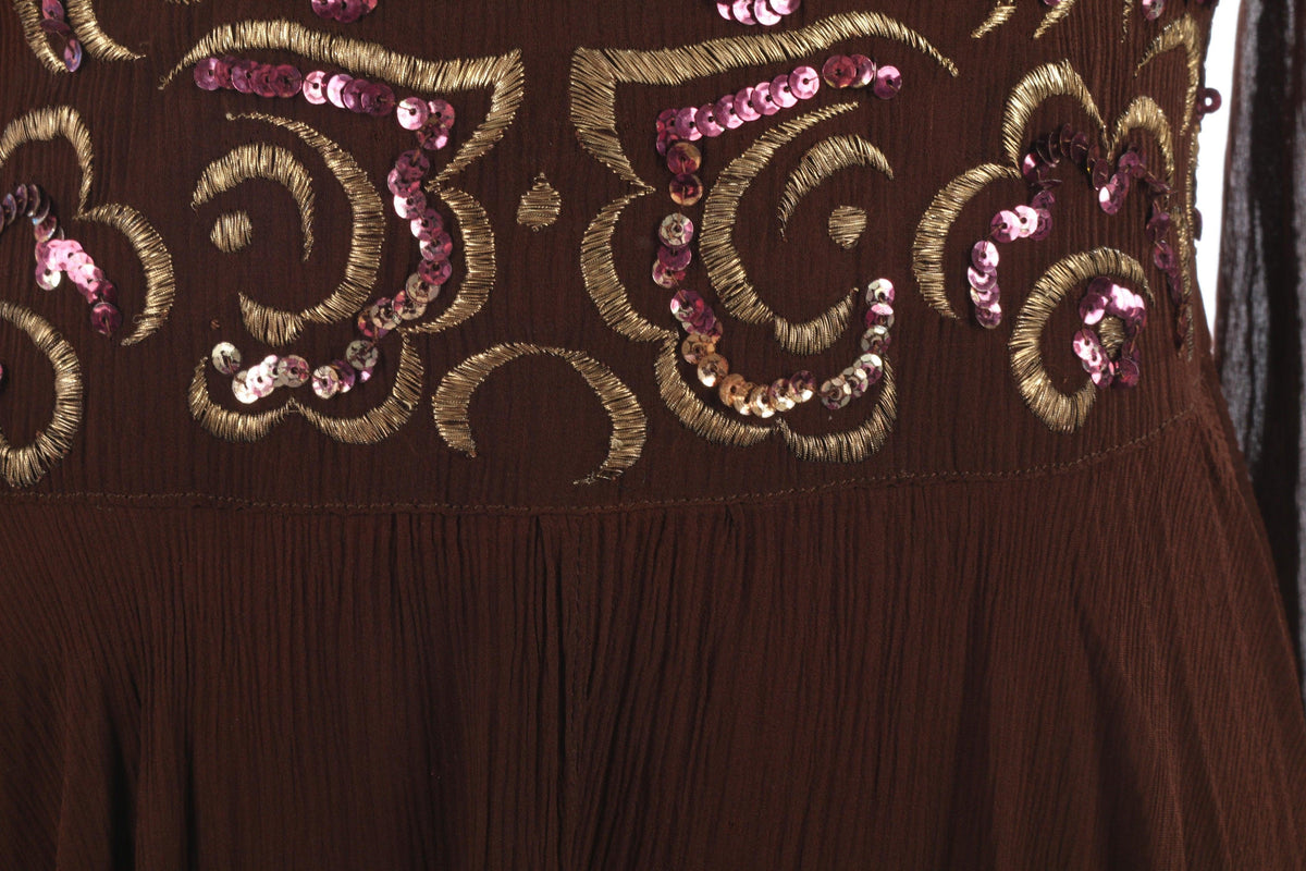 Fabulous silk chiffon brown vintage dress with sequin waist size S - Ava & Iva
