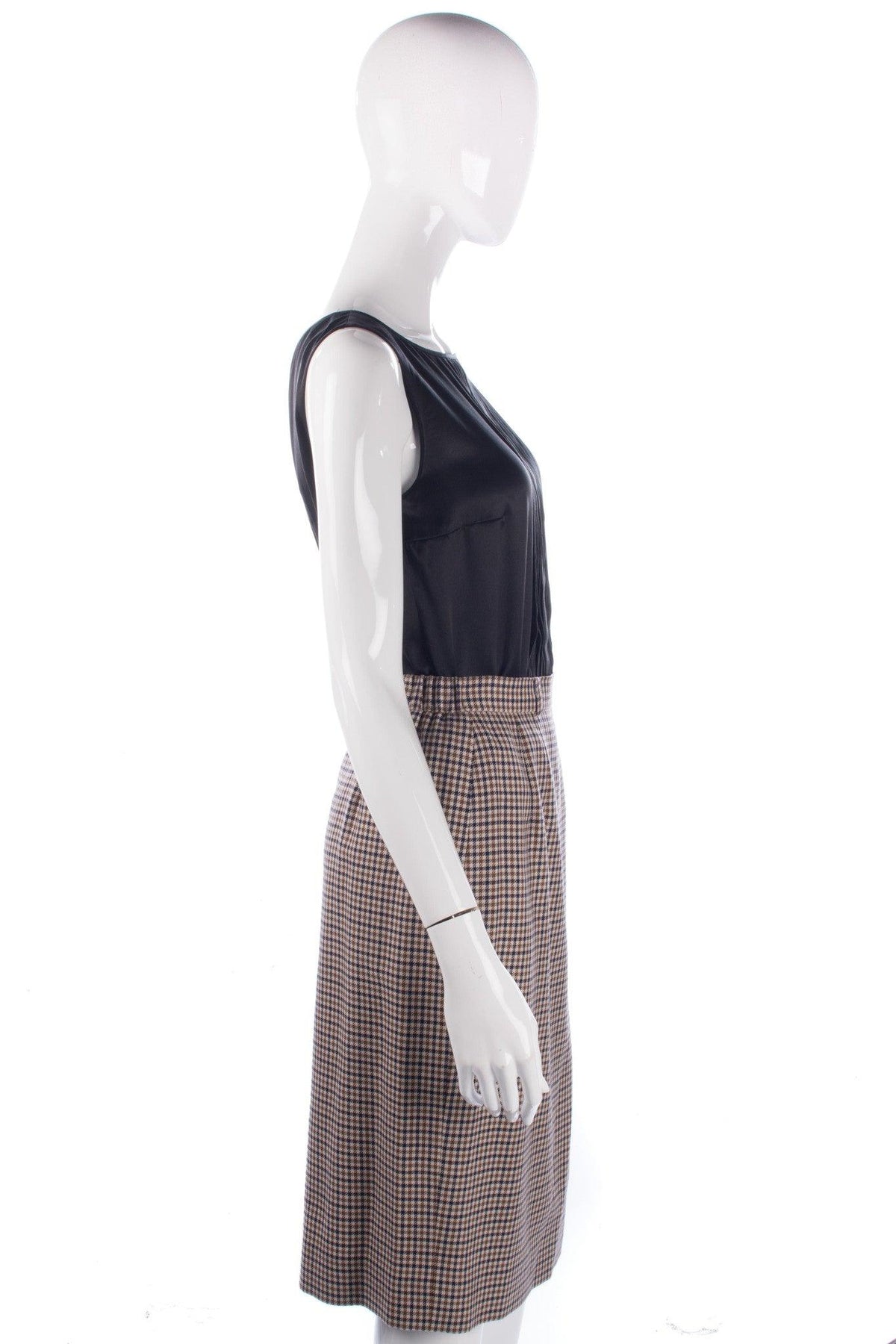 Aquascutum Knee Length Skirt Pure Wool Brown Houndstooth Check. Size 8 - Ava & Iva