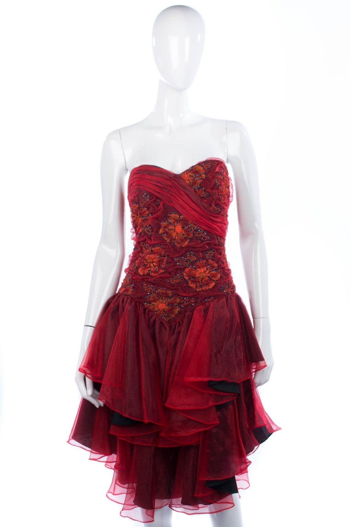 Roots Vintage Strapless Dress Red Flowers Sweetheart Neckline Size 8/10 - Ava & Iva