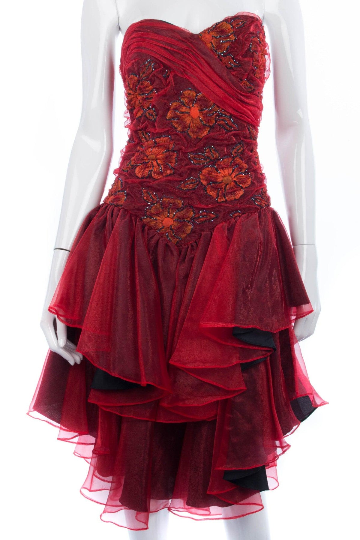 Roots Vintage Strapless Dress Red Flowers Sweetheart Neckline Size 8/10 - Ava & Iva