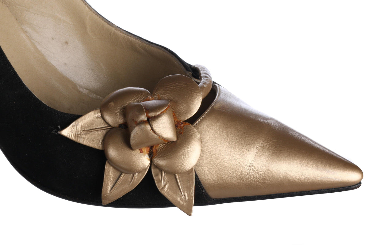 Eve Italian Vintage 1950/60's Black Suede and Gold Leather Slingback Heels Size 35 1/2 (UK 3) - Ava & Iva