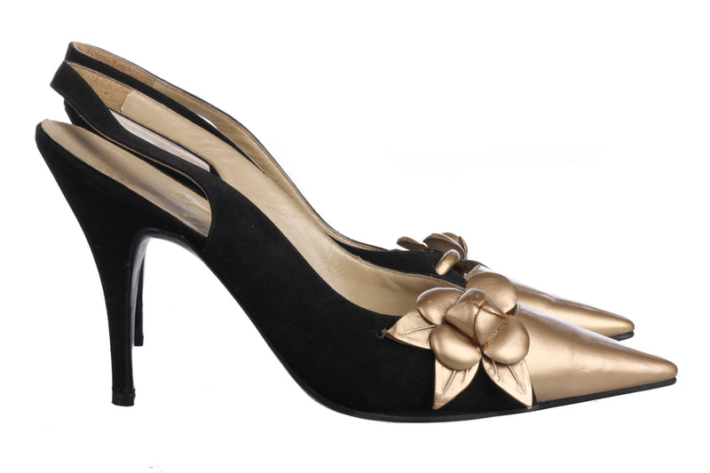 Eve Italian Vintage 1950/60's Black Suede and Gold Leather Slingback Heels Size 35 1/2 (UK 3) - Ava & Iva