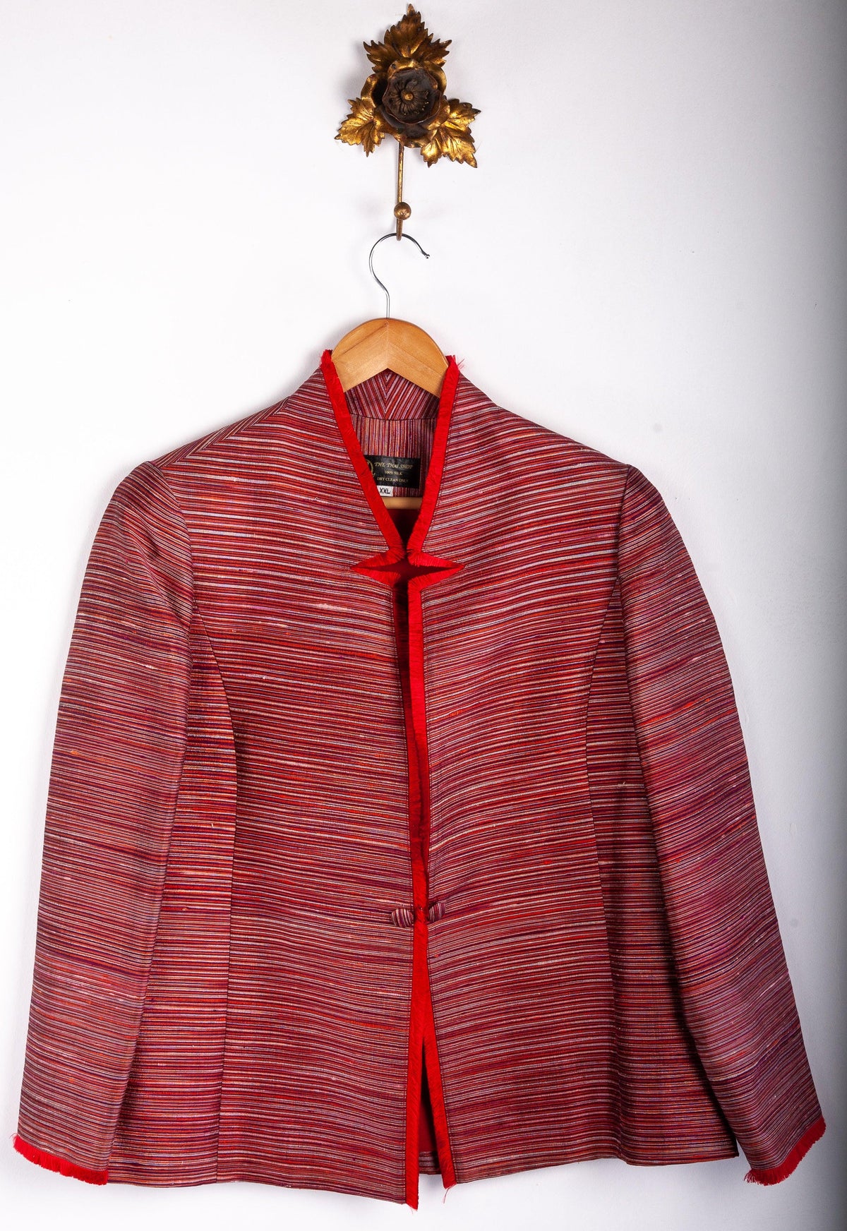 The Thai Shop Pure Silk Jacket Red and Cream Stripe Size L - Ava & Iva