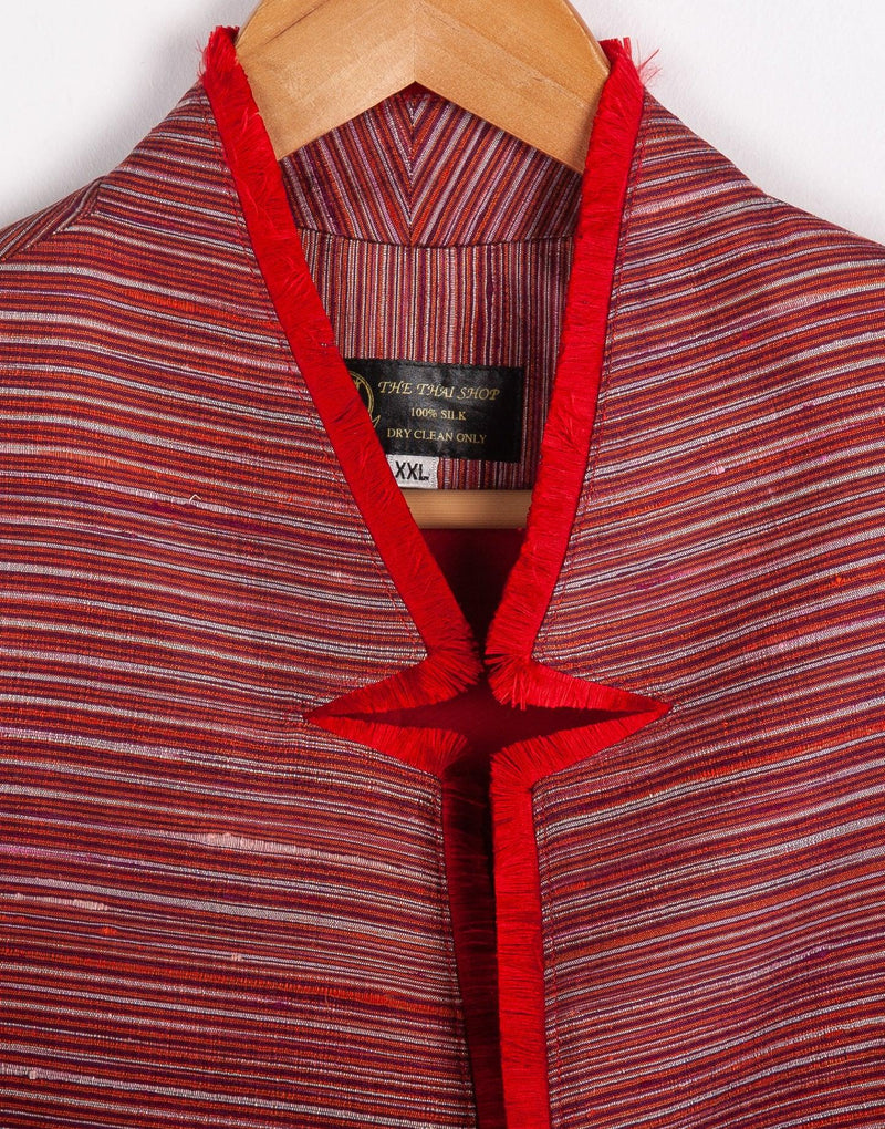 The Thai Shop Pure Silk Jacket Red and Cream Stripe Size L - Ava & Iva
