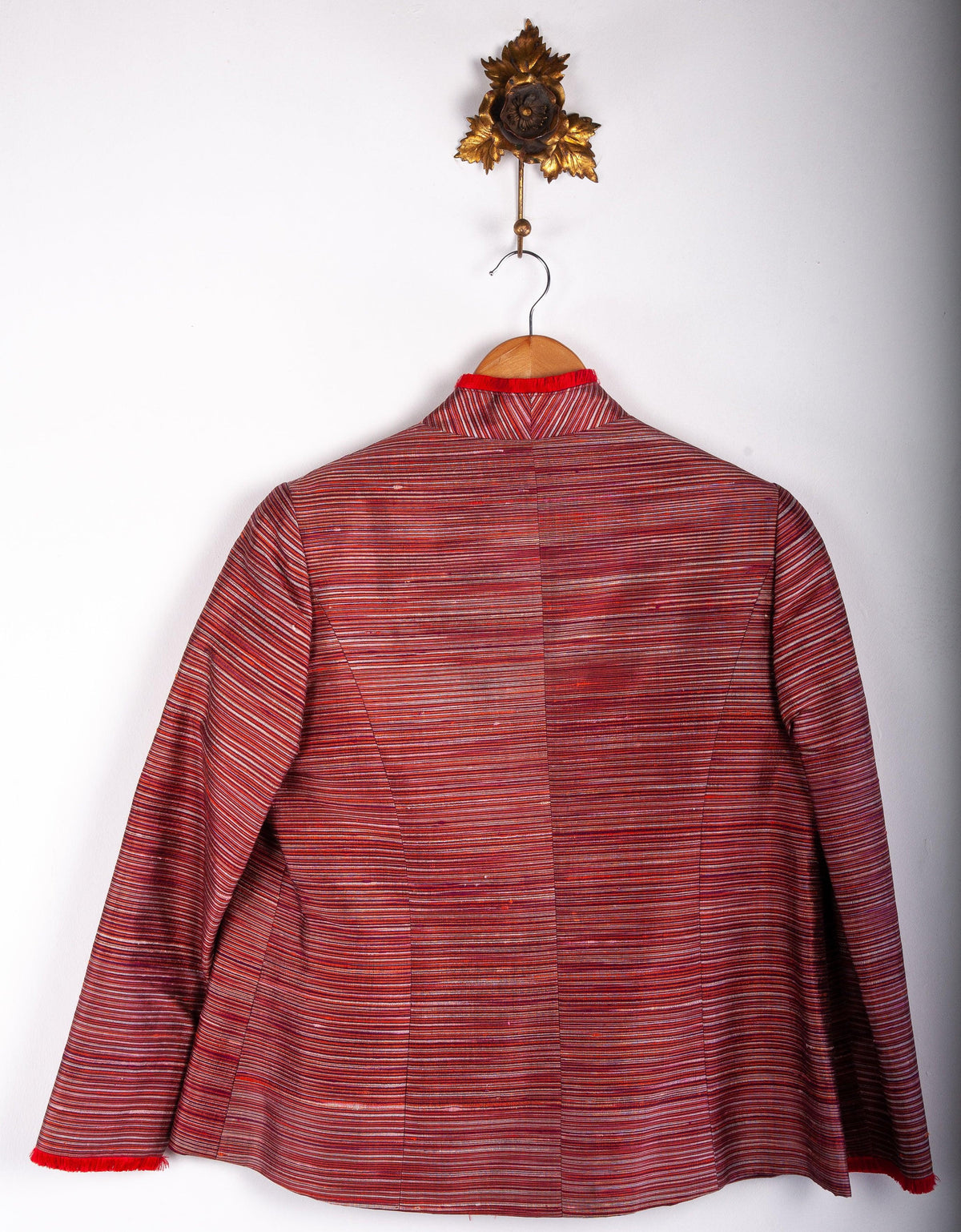 The Thai Shop Pure Silk Jacket Red and Cream Stripe Size L - Ava & Iva