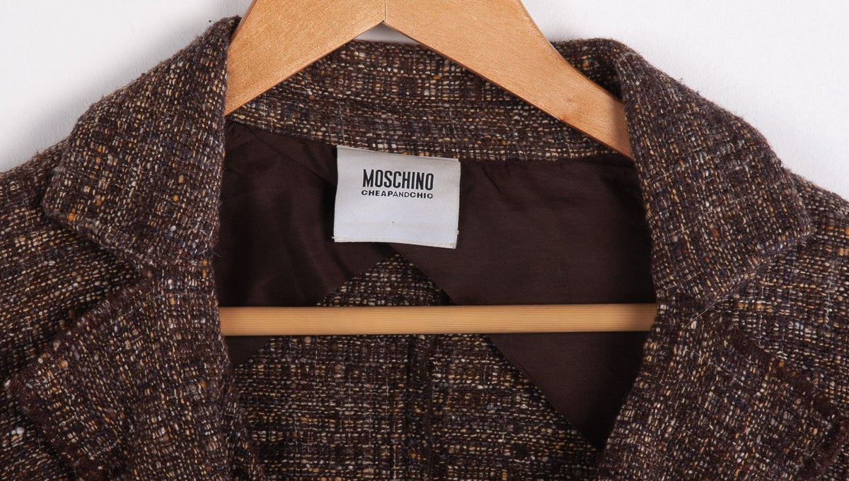 Moschino Cheap and Chic Brown Wool and Silk Mix Jacket Brown with Ruffles Size 14 - Ava & Iva