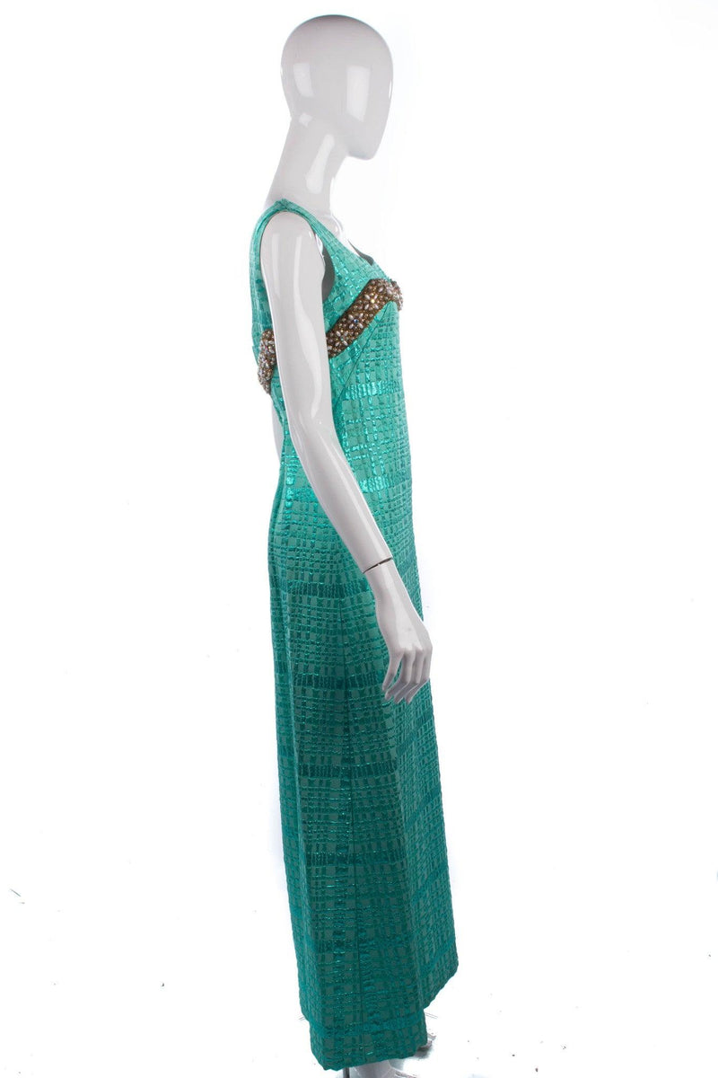 1950's Full Length Dress & Cape Metallic Green Brocade Size M - Ava & Iva