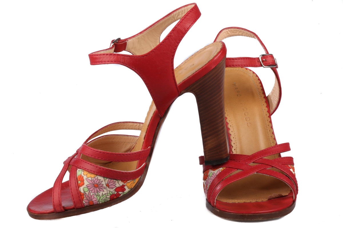 Marc Jacobs Red Leather Heeled Sandal Open Toe and Ankle Strap with Floral Details size 39 - Ava & Iva