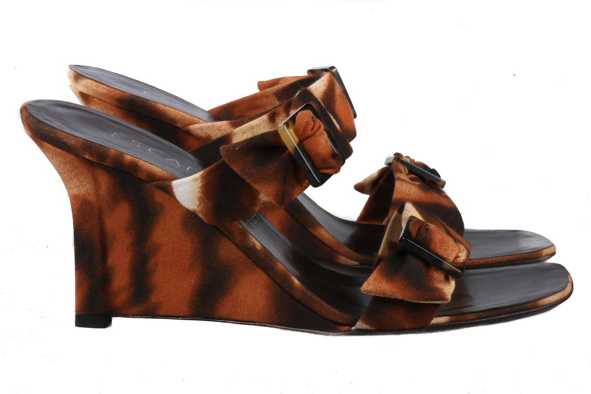 Escada Animal Print Fabric Sandal Wedges Size 37 1/2 - Ava & Iva