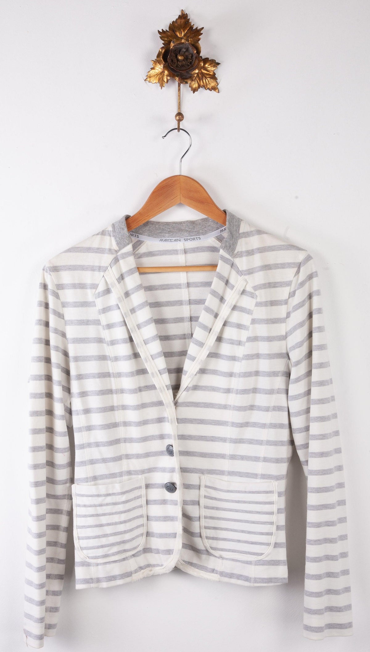 Marc Cain Sports Cotton Blazer Cardigan with Pockets White and Grey Stripes UK10 - Ava & Iva