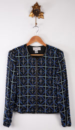 Laurence Kazar Beaded Jacket Black with Blue beading 100% Silk Size M - Ava & Iva