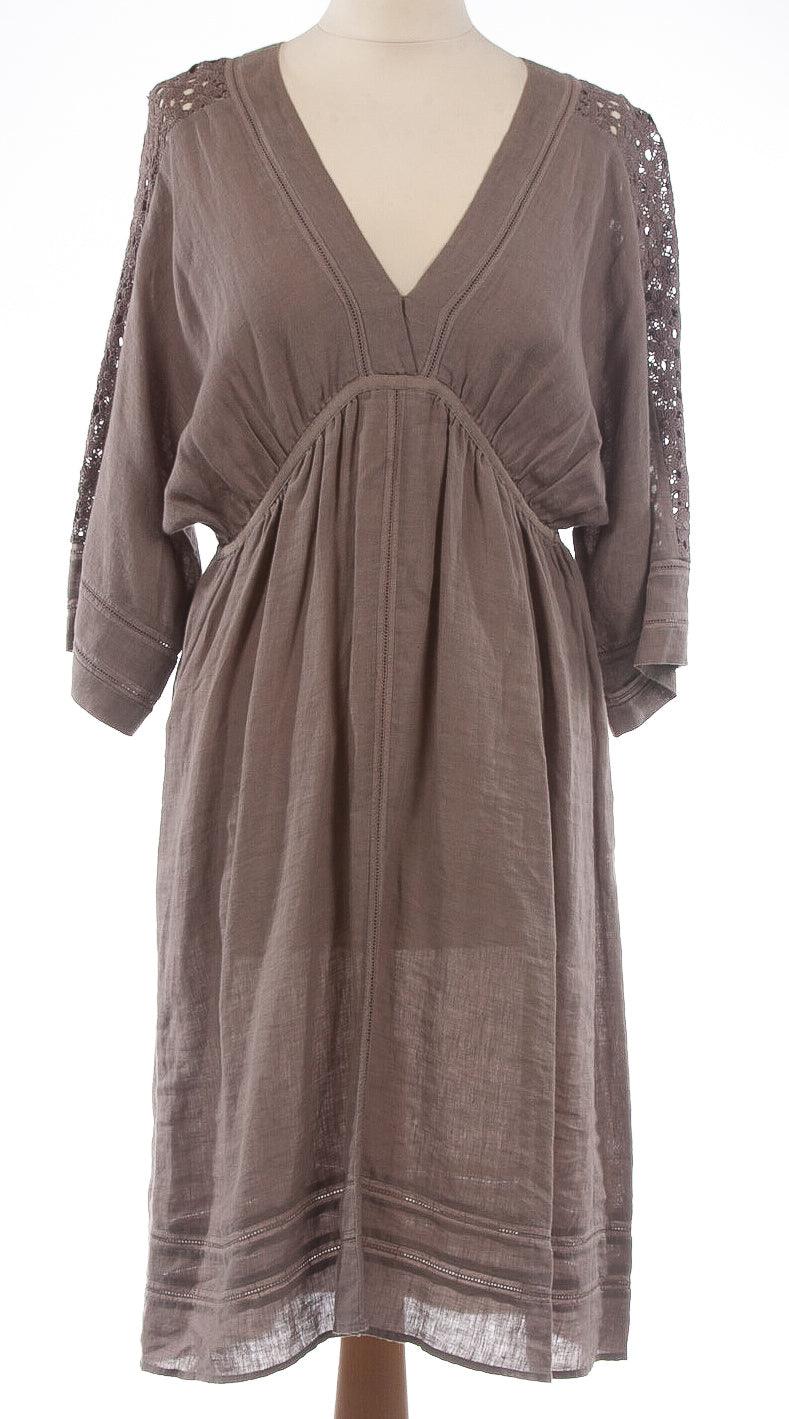 Jigsaw 100% Linen Dress with Lace Panels Stone Brown Colour Size M (UK 12) - Ava & Iva