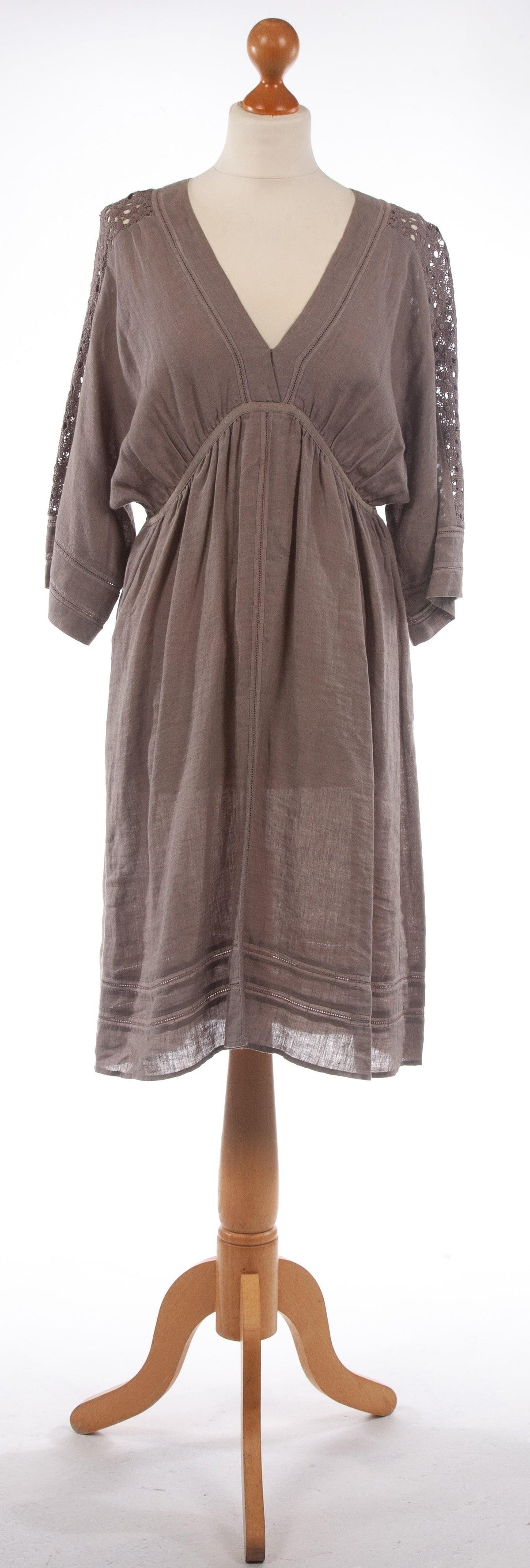 Jigsaw 100% Linen Dress with Lace Panels Stone Brown Colour Size M (UK 12) - Ava & Iva