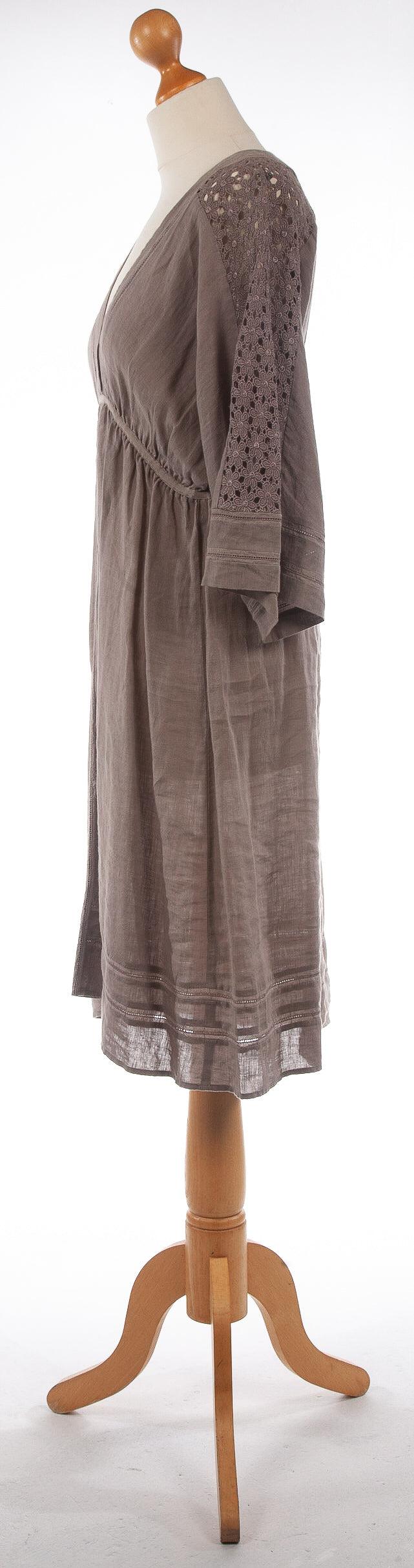 Jigsaw 100% Linen Dress with Lace Panels Stone Brown Colour Size M (UK 12) - Ava & Iva