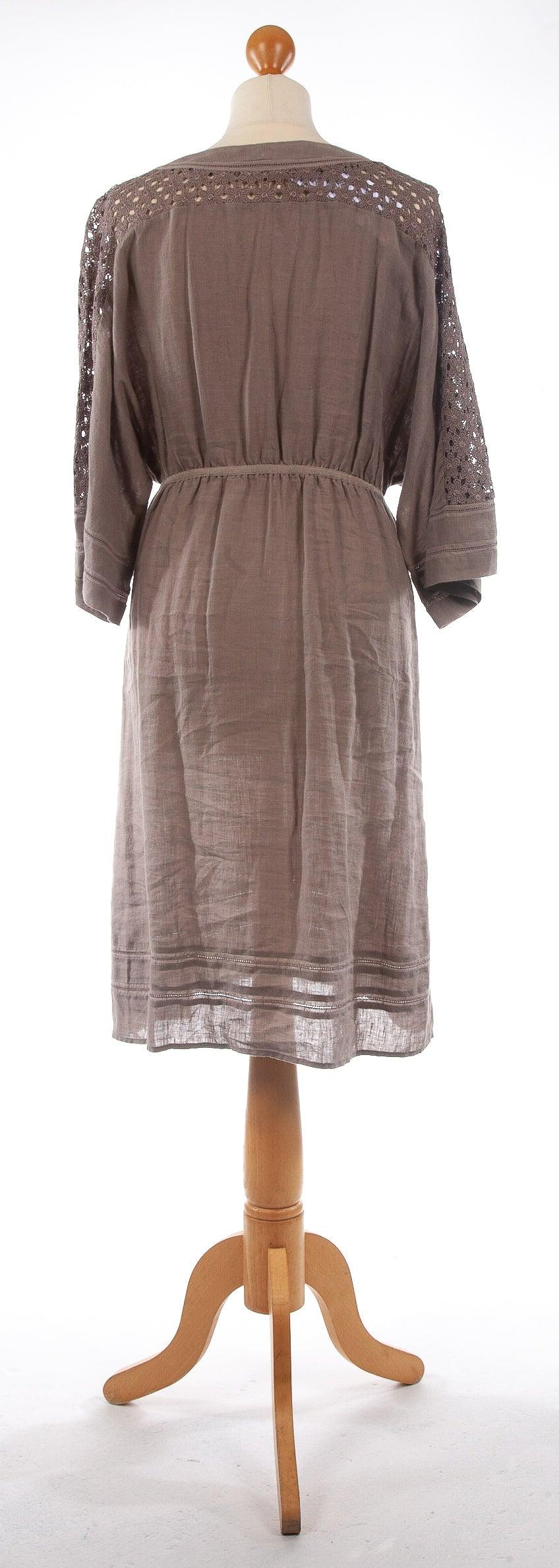 Jigsaw 100% Linen Dress with Lace Panels Stone Brown Colour Size M (UK 12) - Ava & Iva