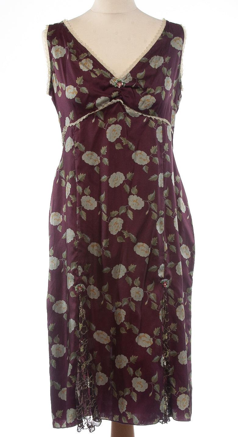 Whistles Silk Dress with Lace Panels Burgundy with Green Flowers UK 14 - Ava & Iva